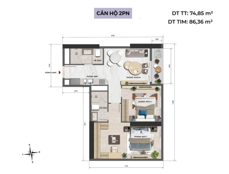 Căn hộ 2PN – Mặt bằng